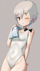 Rule 34 | 1girl, breasts, commentary request, covered navel, cowboy shot, grey background, grey eyes, highres, looking at viewer, nankou1201, one-piece swimsuit, one eye closed, original, short hair, simple background, small breasts, solo, unworn swim cap, swimsuit, towel, white hair, white one-piece swimsuit