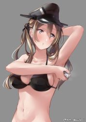 Rule 34 | 1girl, anchor, bad id, bad twitter id, black bra, blue eyes, blush, bra, breasts, closed mouth, deodorant, grey background, hair between eyes, hat, juurouta, kantai collection, large breasts, long hair, military, military hat, military uniform, peaked cap, prinz eugen (kancolle), solo, underwear, undressing, uniform
