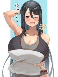 Rule 34 | 1girl, absurdres, aged up, arm up, bare shoulders, belt, black hair, black tail, blush, breasts, cleavage, collarbone, commentary request, cowboy shot, creatures (company), crop top, dark-skinned female, dark skin, game freak, grey shorts, hair between eyes, highres, hizakake, huge breasts, hugging object, long hair, looking at viewer, midriff, nintendo, one eye closed, open mouth, pillow, pillow hug, pokemon, pokemon oras, red belt, red eyes, short shorts, shorts, sidelocks, sleepy, solo, standing, tears, translation request, very long hair, waking up, yawning, zinnia (pokemon)
