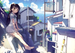 Rule 34 | 1girl, absurdres, alley, architecture, bare legs, barefoot, black hair, blue sky, blush, book, cloud, dappled sunlight, day, feet, highres, house, kantoku, long hair, looking at viewer, nagisa (kantoku), ocean, original, pleated skirt, scan, scenery, school uniform, shade, sitting, skirt, sky, smile, solo, stairs, sunlight, tree shade, two side up, yellow eyes