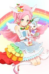 Rule 34 | 1girl, animal ears, boots, cure parfait, dress, earrings, elbow gloves, food-themed hair ornament, gloves, green eyes, hair ornament, hairband, highres, ibara (yumekui317), jewelry, kirahoshi ciel, kirakira precure a la mode, long hair, magical girl, open mouth, parfait, pikario (precure), pink hair, ponytail, precure, rainbow, skirt, smile, tail, white gloves, white wings, wide ponytail, wings