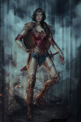 Rule 34 | 1girl, amazon warrior, armor, black hair, dawn of justice, dc comics, dccu, full body, gradient background, hand on own hip, lasso, lasso of truth, pauldrons, princess, pteruges, realistic, shield, shoulder armor, standing, sword, tiara, vambraces, weapon, wonder woman, wonder woman (series)