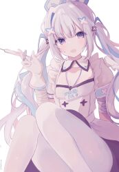 Rule 34 | 1girl, @ @, amane kanata, amane kanata (nurse), apron, artist name, bandaged arm, bandages, blue hair, blush, collar, colored inner hair, commentary request, detached collar, dot nose, dress, flat chest, frilled apron, frills, gloves, grey hair, hair ornament, hand up, hat, highres, holding, holding syringe, hololive, id card, knees up, lanyard, long hair, looking at viewer, multicolored hair, nurse, nurse cap, open mouth, pantyhose, puffy short sleeves, puffy sleeves, purple eyes, replicayunikorn, short sleeves, signature, simple background, sitting, solo, sweatdrop, syringe, twintails, two-tone hair, virtual youtuber, white apron, white background, white collar, white dress, white gloves, white pantyhose, wing collar, x hair ornament