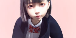 Rule 34 | 1girl, 3d, asian, black hair, blazer, bow, child, highres, jacket, looking at viewer, photorealistic, realistic, school, school uniform, shirt, short hair, solo, white background