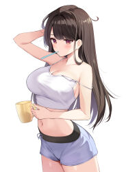 Rule 34 | 1girl, ahoge, arm behind head, arm up, bare arms, bare shoulders, blush, breasts, brown hair, camisole, cleavage, cowboy shot, crop top, cup, drawstring, frown, grey shorts, highres, holding, holding cup, large breasts, long hair, looking at viewer, midriff, mouth hold, navel, off shoulder, original, oryo (oryo04), red eyes, shirt, short shorts, shorts, simple background, sleeveless, sleeveless shirt, solo, spaghetti strap, standing, stomach, strap slip, tank top, taut clothes, taut shirt, thighs, tied shorts, toothbrush in mouth, white background, white shirt