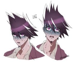 Rule 34 | 1boy, artist name, danganronpa (series), expressions, facial hair, goatee, grey shirt, jacket, jacket on shoulders, looking at viewer, male focus, momota kaito, multiple views, nagi to (kennkenn), danganronpa v3: killing harmony, open mouth, pink jacket, purple eyes, shaded face, shirt, simple background, spiked hair, sweat, symbol-only commentary, white background, wide-eyed
