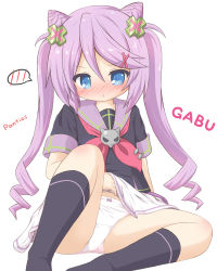 Rule 34 | 1girl, :t, black shirt, black socks, blue eyes, blush, borrowed character, bow, bow panties, closed mouth, clothes lift, feet out of frame, hair between eyes, hair ornament, hairclip, highres, kneehighs, lifting own clothes, long hair, looking at viewer, neckerchief, nose blush, original, panties, pout, purple hair, purple sailor collar, red neckerchief, ri-net, ringlets, sailor collar, school uniform, serafuku, shirt, short sleeves, simple background, sitting, skirt, skirt lift, socks, solo, spoken blush, twintails, underwear, very long hair, white background, white panties, white skirt, x hair ornament