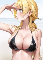 Rule 34 | 1girl, ame (uten cancel), arm up, armpits, bare arms, bare shoulders, bikini, black bikini, blonde hair, blue eyes, blurry, blurry background, blush, breasts, cleavage, closed mouth, commentary, hachimiya meguru, hair ornament, hairclip, hand up, highres, idolmaster, idolmaster shiny colors, large breasts, long hair, looking to the side, outdoors, shading eyes, sideboob, solo, swimsuit, symbol-only commentary, upper body