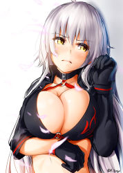Rule 34 | 1girl, bikini, black bikini, black choker, black gloves, black jacket, blush, breast hold, breasts, choker, cleavage, cropped jacket, eyes visible through hair, fate/grand order, fate (series), feathers, gloves, hair between eyes, jacket, jeanne d&#039;arc alter (swimsuit berserker) (fate), jeanne d&#039;arc (fate), jeanne d&#039;arc alter (fate), jeanne d&#039;arc alter (swimsuit berserker) (fate), large breasts, lingerie (aki3240), long hair, looking away, looking to the side, lying, o-ring, o-ring bikini, on side, parted lips, shrug (clothing), silver hair, solo, swimsuit, upper body, very long hair, yellow eyes
