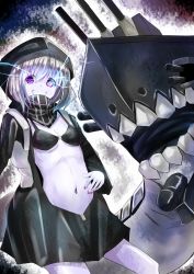 Rule 34 | 10s, 1girl, abyssal ship, bad id, bad pixiv id, cannon, cure slum, glowing, glowing eyes, grin, highres, hood, kantai collection, long sleeves, navel, pale skin, purple eyes, re-class battleship, scarf, silver hair, smile, solo, tail, turret, weapon