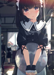 Rule 34 | 2girls, apron, black dress, black hair, blurry, blurry background, blush, brown eyes, buttons, cafe, collar, collarbone, depth of field, dress, eyes visible through hair, hair between eyes, hair ornament, head tilt, holding, holding tray, indoors, lens flare, long hair, looking at viewer, maid, maid apron, maid headdress, multiple girls, ogipote, original, puffy sleeves, sailor collar, solo focus, standing, tray, triangle mouth, v arms, window, wrist cuffs