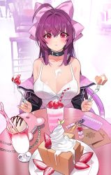 Rule 34 | 1girl, ahoge, bag, blush, bow, breasts, cake, cellphone, cellphone charm, charm (object), choker, cleavage, collarbone, damda, eating, embarrassed, fate/grand order, fate (series), food, fork, fruit, hair bow, handbag, ice cream, icing, large breasts, long hair, looking at viewer, milkshake, nail polish, phone, plate, pout, purple hair, red eyes, ribbon, scathach (fate), scathach (fate), solo, spill, strawberry, sundae, table