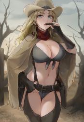 Rule 34 | 1girl, belt, blonde hair, blue eyes, breasts, chaps, chowbie, cigar, cleavage, cowboy, cowboy hat, feet out of frame, fingerless gloves, front-tie top, gloves, gun, handgun, hat, highres, holding, holding cigar, holster, holstered, looking at viewer, medium breasts, micro shorts, navel, original, poncho, revolver, shorts, suspenders, weapon, cowboy western