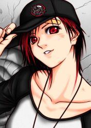 Rule 34 | 1girl, bandaid, baseball cap, casual, collarbone, dead or alive, dead or alive 5, hat, jewelry, lips, mila (doa), necklace, nose, oogami makoto (artist), raglan sleeves, red eyes, red hair, short hair, smile, solo, tecmo