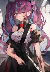 Rule 34 | 1girl, absurdres, arch, assault rifle, black dress, blood, blood on arm, blood on clothes, blood on face, blood on hands, blue hair, blush, center frills, collar, colored inner hair, crossed bangs, daewoo k2, detached sleeves, dress, flower, frilled collar, frilled sleeves, frills, gun, hair intakes, hair ribbon, highres, holding, holding gun, holding weapon, hololive, juliet sleeves, long sleeves, looking at viewer, minato aqua, multicolored hair, puffy sleeves, purple eyes, purple hair, red flower, red rose, ribbon, rose, shirt, shivariplay, smile, solo, strap, streaked hair, twintails, virtual youtuber, weapon, white shirt