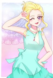 Rule 34 | 1girl, blonde hair, border, breasts, dress, fuurin asumi, green dress, healin&#039; good precure, highres, jewelry, long hair, looking at viewer, medium breasts, momotarouooi, necklace, open mouth, pink background, precure, purple eyes, scarf, sleeveless, sleeveless dress, smile, solo, white border