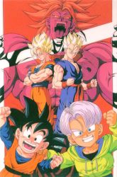 Rule 34 | 1990s (style), aqua eyes, arm up, black eyes, black hair, blonde hair, blue eyes, broly (dragon ball z), brothers, child, clenched hands, crossed arms, dougi, dragon ball, dragonball z, father and son, grin, hand on another&#039;s shoulder, hood, hood down, hoodie, legendary super saiyan, long sleeves, looking at viewer, male focus, muscular, muscular male, no pupils, official art, open mouth, purple hair, retro artstyle, saiyan, scan, short hair, short sleeves, siblings, sleeveless, smile, son gohan, son goku, son goten, super saiyan, super saiyan 1, topless male, trunks (dragon ball), veins, wristband