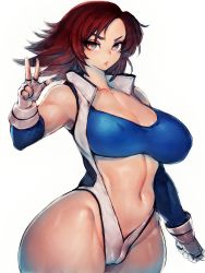 Rule 34 | 1girl, blue eyes, breasts, brown hair, cameltoe, covered erect nipples, fingerless gloves, fumio (rsqkr), gloves, highres, kazama asuka, large breasts, looking at viewer, navel, short hair, simple background, solo, tekken, tekken 5, thick thighs, thighs, unzipped, white background, wide hips