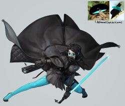 Rule 34 | 1girl, aqua pantyhose, bird-of-paradise, bird of paradise flower, black coat, black footwear, black gloves, black hair, black skirt, coat, covered mouth, floating, flower, full body, gloves, grey background, gun, headphones, highres, holding, holding gun, holding sword, holding weapon, looking at viewer, medium hair, original, pantyhose, personification, pleated skirt, rinotuna, simple background, skirt, solo, standing, sword, thigh strap, weapon