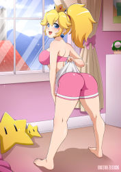 Rule 34 | 1girl, :d, ass, bare shoulders, barefoot, bent over, bike shorts, bikini, blonde hair, blue eyes, breasts, commentary, crown, doctor zexxck, earrings, feet, full body, highres, jewelry, large breasts, looking back, mario (series), mushroom, nintendo, open mouth, ponytail, princess peach, shorts, skin tight, smile, solo, super star (mario), swimsuit, wedgie