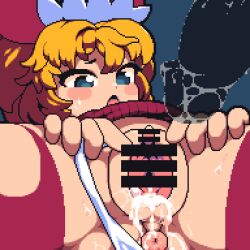 Rule 34 | 1boy, 1girl, absurdres, after vaginal, aftersex, anus, bar censor, blank censor, blonde hair, blue background, blue eyes, blush, censored, commentary request, cookie (touhou), cum, cum in pussy, erect clitoris, highres, medium bangs, open mouth, penis, pussy, shiriri saikyo, short hair, solo focus, spread pussy, sunny milk, tonchamon san, touhou