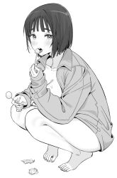Rule 34 | 1girl, barefoot, blush, breasts, candy, chen yang yang, collarbone, commentary request, food, greyscale, holding, holding candy, holding food, holding lollipop, licking, lollipop, looking at viewer, medium breasts, monochrome, naked shirt, open mouth, original, shirt, short hair, simple background, solo, squatting, toes, tongue, tongue out, white background