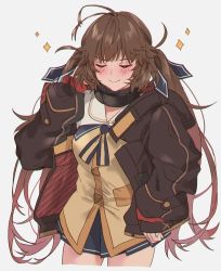 Rule 34 | 1girl, antenna hair, aogisa, bad id, bad pixiv id, baggy clothes, blazer, blue ribbon, blue skirt, blush, brown hair, brown jacket, closed eyes, girls&#039; frontline, gradient hair, grey background, hair ribbon, highres, jacket, long hair, m14 (girls&#039; frontline), m14 (mod3) (girls&#039; frontline), mod3 (girls&#039; frontline), multicolored hair, open clothes, open jacket, pleated skirt, ribbon, sidelocks, simple background, skirt, smile, solo, sparkle, twintails