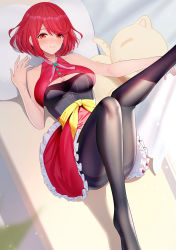 Rule 34 | 1girl, bare shoulders, black pantyhose, blush, breasts, cleavage, cleavage cutout, clothing cutout, dress, highres, knees together feet apart, large breasts, legs, looking at viewer, lying, on back, pantyhose, pillow, pyra (xenoblade), red dress, red eyes, red hair, ririko (zhuoyandesailaer), sash, short hair, sidelocks, smile, solo, swept bangs, thighband pantyhose, thighs, xenoblade chronicles (series), xenoblade chronicles 2