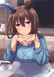 Rule 34 | 1girl, admire vega (umamusume), animal ears, blush, brown hair, cup, hand on own face, highres, horse ears, horse girl, indoors, jewelry, long hair, looking at viewer, necklace, nonexistent memories (jujutsu kaisen), pink eyes, plate, ring, sitting, smile, solo, spoon, starheart, sweater, table, umamusume, very long hair, wedding band, wedding ring