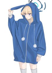 Rule 34 | 1girl, absurdres, blonde hair, blue archive, blue eyes, blue halo, blue hoodie, blush, closed mouth, cowboy shot, halo, highres, hood, hood down, hoodie, long hair, long sleeves, pom pom (clothes), simple background, solo, sweater, thighhighs, tnr (horiko1525), toki (blue archive), white background, white sweater, white thighhighs