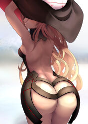 Rule 34 | absurdres, ass, ass focus, back, backless outfit, blonde hair, blurry, blurry background, breasts, cowboy shot, expressionless, eyepatch, hat, highres, long hair, no panties, othinus, relpama, revealing clothes, sideboob, small breasts, standing, thighs, toaru majutsu no index, toaru majutsu no index: new testament, witch hat