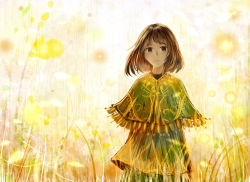 Rule 34 | 1girl, bob cut, brown eyes, brown hair, capelet, closed mouth, commentary request, dress, green capelet, green dress, light, looking at viewer, original, sakimori (hououbds), solo