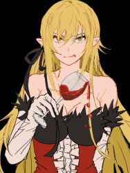 Rule 34 | 1girl, bakemonogatari, bare shoulders, blonde hair, blood, breasts, cleavage, cup, dress, drinking glass, elbow gloves, glass, gloves, hair ribbon, highres, holding, holding cup, kiss-shot acerola-orion heart-under-blade, kizumonogatari, large breasts, licking lips, long hair, monogatari (series), oshino shinobu, pointy ears, red dress, ribbon, sleeveless, sleeveless dress, strapless, strapless dress, tongue, tongue out, valhalla0707, vampire, white gloves, wine glass, yellow eyes