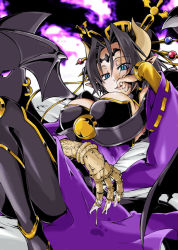 Rule 34 | 1girl, abstract background, bat (symbol), bat wings, black hair, blue eyes, breasts, bridal gauntlets, bustier, claws, cleavage, demon girl, detached collar, detached sleeves, digimon, facial mark, female focus, finger in own mouth, forehead mark, hair bun, hair ornament, horns, kin, legs, legs together, lilithmon, lipstick, lying, makeup, monster, multiple wings, pointy ears, seven great demon lords, shawl, single hair bun, smile, solo, tattoo, thighhighs, wings