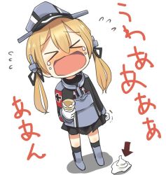Rule 34 | 1girl, ahenn, anchor, anchor hair ornament, black ribbon, black skirt, blonde hair, commentary request, cross, crying, food, gloves, hair ornament, hat, holding, ice cream, ice cream cone, iron cross, kantai collection, long hair, low twintails, military, military hat, military uniform, open mouth, peaked cap, prinz eugen (kancolle), ribbon, simple background, skirt, solo, twintails, uniform, white background, white gloves