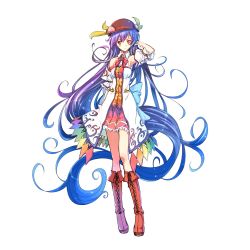 Rule 34 | 1girl, absurdly long hair, adapted costume, alternate costume, armpits, bare shoulders, blue hair, boots, cross-laced footwear, detached sleeves, female focus, full body, gradient hair, hand in own hair, hat, highres, hinanawi tenshi, lace-up boots, legs, long hair, magatama, multicolored hair, red eyes, ryuuzaki ichi, skirt, solo, standing, touhou, transparent background, very long hair