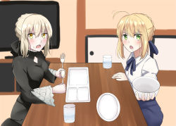 Rule 34 | 2girls, absurdres, ahoge, artoria pendragon (all), artoria pendragon (fate), blonde hair, blush, bowl, braid, fate/grand order, fate/stay night, fate (series), fork, glasses, green eyes, hair ribbon, highres, holding, holding bowl, holding fork, holding knife, indoors, knife, looking at viewer, multiple girls, open mouth, ribbon, saber (fate), saber alter, saliva, seiza, shirt, sii artatm, sitting, skirt, table, yellow eyes