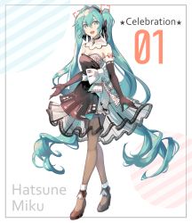 Rule 34 | 1girl, bare shoulders, black dress, black gloves, black hairband, blue eyes, blue hair, breasts, brown footwear, brown pantyhose, character name, cleavage, covered collarbone, diagonal stripes, dress, elbow gloves, full body, gloves, hair between eyes, hairband, hatsune miku, highres, long hair, medium breasts, pantyhose, pleated dress, saihate (d3), see-through, shoes, solo, standing, star (symbol), strapless, strapless dress, striped, striped background, twintails, very long hair, vocaloid, white background