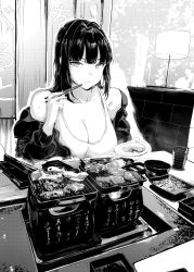 Rule 34 | 1girl, absurdres, bare shoulders, black hair, bowl, breasts, chopsticks, cleavage, closed mouth, collarbone, cooking, cup, eating, food, grill, grilling, highres, lamp, large breasts, long hair, looking at viewer, lynus, meat, monochrome, naoko (lynus), original, plate, restaurant, stone wall, stove, table, wall