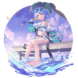 Rule 34 | 1girl, aqua jacket, arm support, bare shoulders, barefoot, belt, bikini, black belt, blue sky, braid, character request, cloud, cloudy sky, copyright request, eyewear on head, feet, food, frilled bikini, frills, full body, gradient sky, hand up, highres, holding, jacket, knees together feet apart, legs, long hair, looking to the side, machico maki, nail polish, navel, off shoulder, open mouth, outdoors, palm tree, pier, pink eyes, popsicle, purple skirt, see-through, see-through jacket, shadow, sitting, skirt, sky, soaking feet, solo, splashing, stomach, swimsuit, thighs, toenail polish, toenails, toes, tree, wet, white bikini