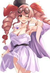 Rule 34 | 1girl, armpits, bangle, bow, bracelet, breasts, cape, cleavage, clothes lift, dress, drill hair, earrings, eyewear on head, gold, hat, hat bow, holding, holding clothes, holding skirt, jewelry, kaeranu kaeru, light brown hair, long hair, medium dress, mini hat, mini top hat, necklace, one eye closed, open mouth, orange eyes, pendant, purple cape, purple dress, ribbon, ring, round eyewear, simple background, skirt, skirt lift, solo, sunglasses, top hat, touhou, twin drills, white background, yorigami jo&#039;on