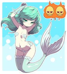 Rule 34 | 1girl, arched back, arms up, border, closed mouth, female focus, fins, flat chest, green eyes, green hair, leaning to the side, looking at viewer, mermaid, mermaid (megami tensei), monster girl, nollety, ringed eyes, shin megami tensei, shin megami tensei v, solo, white border