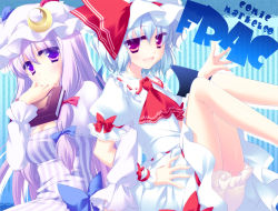 Rule 34 | 2girls, ascot, bare legs, blue hair, book, bow, breasts, capelet, cleavage, crescent, female focus, hair bow, hat, locked arms, motomiya mitsuki, multiple girls, patchouli knowledge, purple eyes, purple hair, remilia scarlet, short hair, embodiment of scarlet devil, touhou, wrist cuffs