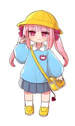 Rule 34 | 1girl, bag, blue shirt, blue skirt, blush, closed mouth, collared shirt, demon tail, full body, hair bobbles, hair ornament, hand up, hat, heart, heart-shaped pupils, highres, kindergarten bag, kindergarten uniform, loafers, long hair, long sleeves, looking at viewer, naga u, original, pink hair, pleated skirt, puffy long sleeves, puffy sleeves, red eyes, school hat, shirt, shoes, simple background, skirt, sleeves past wrists, smile, socks, solo, standing, symbol-shaped pupils, tail, twintails, white background, white socks, yellow footwear, yellow hat