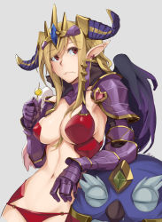Rule 34 | 1girl, amon (p&amp;d), arm support, armor, bikini armor, bird, blonde hair, breasts, cleavage, crown, demon girl, earrings, eating, fang, gauntlets, heart, heart earrings, horns, jewelry, kurowa, leaning, lilith (p&amp;d), long hair, navel, owl, panties, pauldrons, pointy ears, puzzle &amp; dragons, red eyes, revealing clothes, shoulder armor, solo, underwear, wings