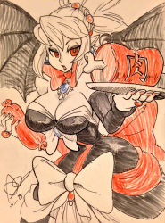 Rule 34 | 1girl, alex ahad, amulet, bat wings, boned meat, bow, breasts, cleavage, demon girl, demon wings, disgaea, dress, food, large breasts, long dress, makai senki disgaea 2, marker (medium), meat, pointy ears, ponytail, red eyes, rozalin, sausage, scrunchie, signature, narrow waist, solo, strapless, strapless dress, traditional media, wings