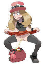Rule 34 | 1girl, bag, black footwear, black shirt, black thighhighs, blonde hair, blue eyes, blush, bow, breasts, cleft of venus, clothes lift, collarbone, creatures (company), galsia, game freak, glasses on hat, hat, long hair, looking down, medium breasts, mega ring, nintendo, no panties, open mouth, peeing, pokemon, pokemon xy, pussy, red headwear, red skirt, serena (pokemon), shirt, shoes, skirt, skirt lift, squatting, sunglasses, sunglasses on head, sweat, tank top, thighhighs, uncensored, white background