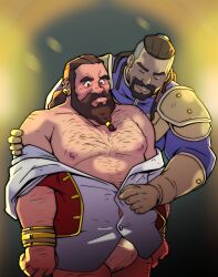 Rule 34 | 2boys, arm hair, armor, assisted exposure, bara, bare pectorals, bare shoulders, beard, belly, bulge, chest hair, couple, dark-skinned male, dark skin, dragon age, dragon age: absolution, dragon age absolution, dwarf, erection, erection under clothes, facial hair, fat, fat man, feet out of frame, flustered, gdoubt (picsontop), hairy, highres, interracial, lacklon (dragon age), large pectorals, long beard, male focus, mature male, multiple boys, muscular, muscular male, nipples, no pants, open clothes, open shirt, partially unbuttoned, pauldrons, pectorals, ponytail, roland (dragon age), shoulder armor, smile, standing, tied beard, undressing another, yaoi