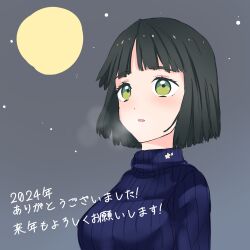 1girl 2024 absurdres black_hair blue_sweater blunt_ends bob_cut breasts breath commentary_request flower full_moon green_eyes grey_sky hair_flower hair_ornament highres link!_like!_love_live! love_live! medium_breasts momose_ginko momose_ginko_(winter_loungewear) moon official_alternate_costume parted_lips ribbed_sweater sen_yousoro short_hair sky solo sweater translation_request turtleneck turtleneck_sweater upper_body virtual_youtuber