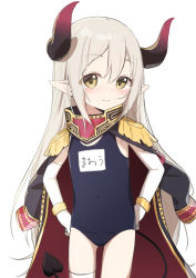 Rule 34 | 1girl, blush, brown eyes, demon horns, demon tail, elbow gloves, emma august, female focus, flat chest, gloves, hands on own hips, highres, horns, jacket, jacket on shoulders, looking at viewer, matanukinuki, military jacket, nijisanji, one-piece swimsuit, pointy ears, simple background, smile, solo, swimsuit, tail, virtual youtuber, white background